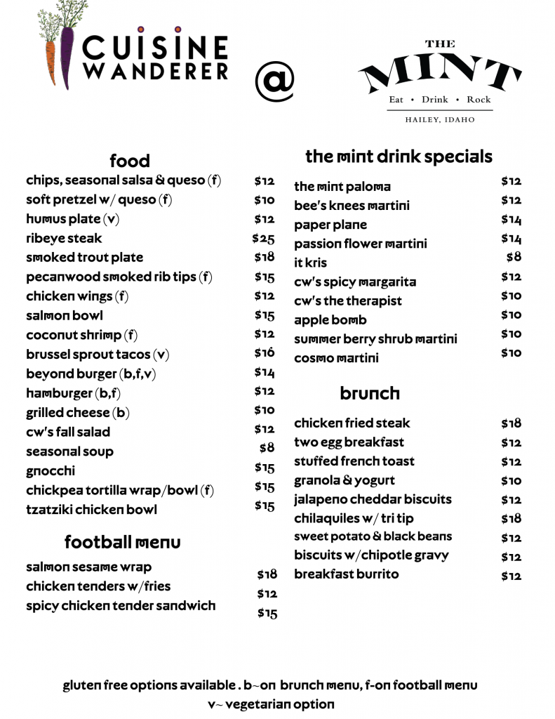 Restaurant menu Hailey Idaho